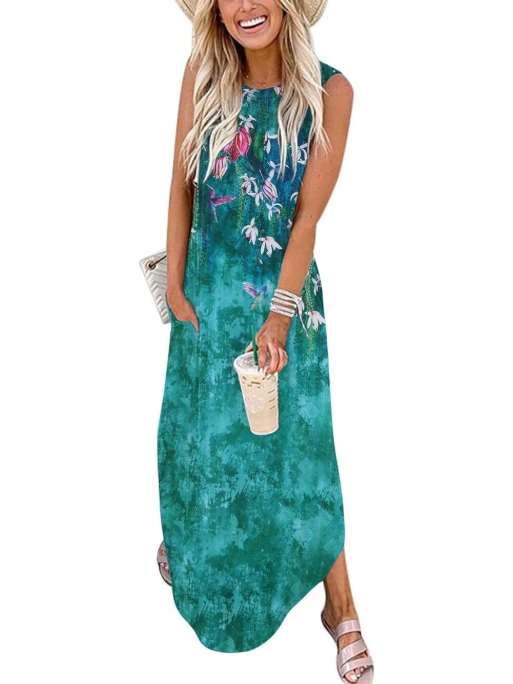 Women's Green Flower Summer Casual Long Dress Split Curve Hem Dress Floral
